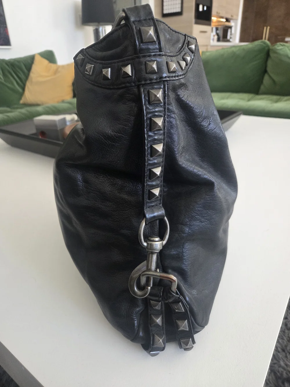 Rebecca Minkoff Studded Hobo Black Leather Pyramid Studs, Cardinal Bird Lining - Picture 2 of 11